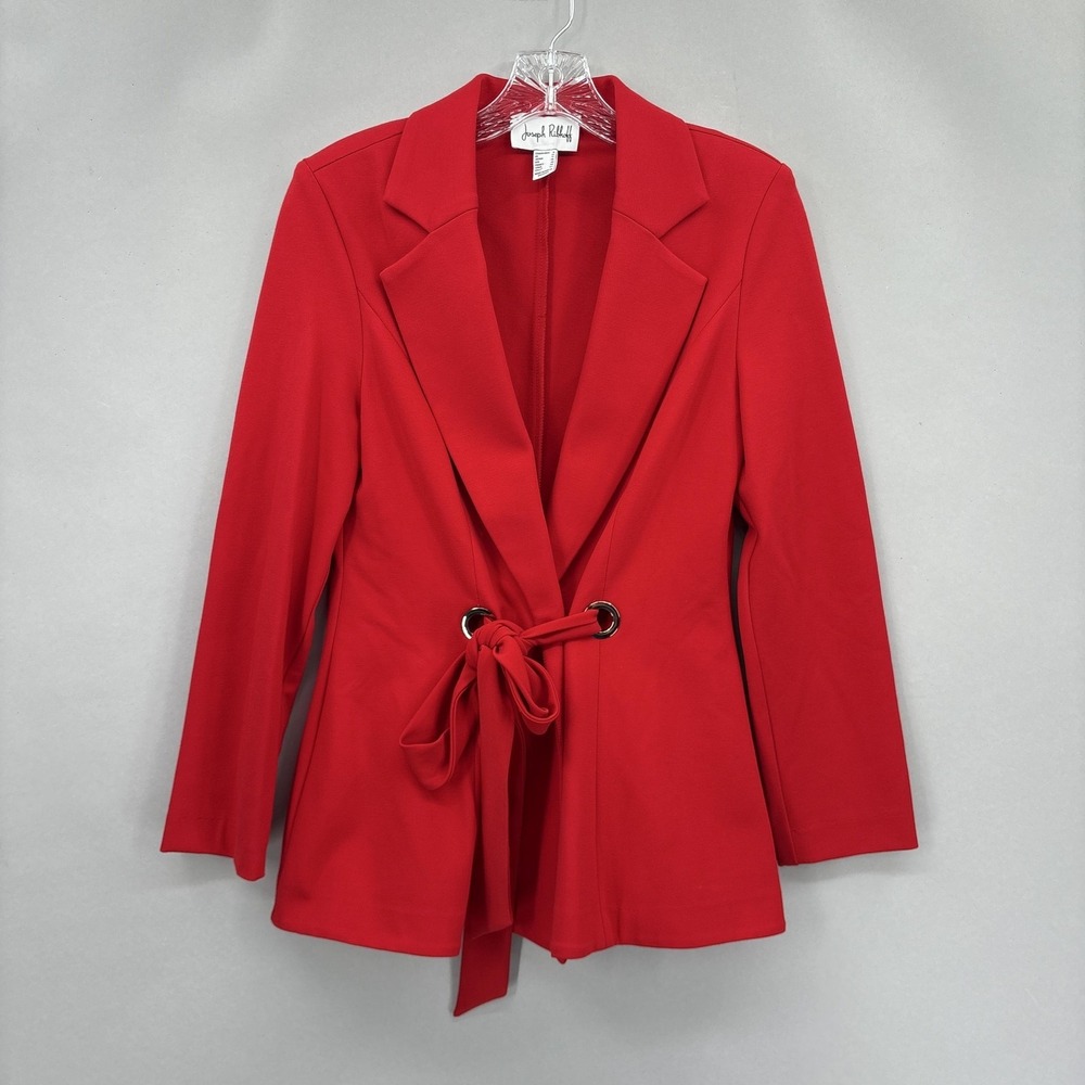 Joseph Ribkoff Blazer Women 8 Red Tie Waist Open Front Grommet Belt Long Stretch